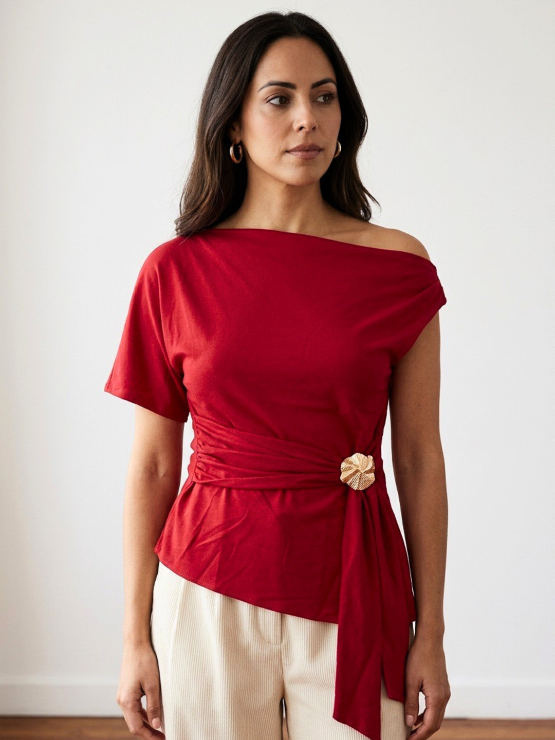 Red Side Buckle Blouse