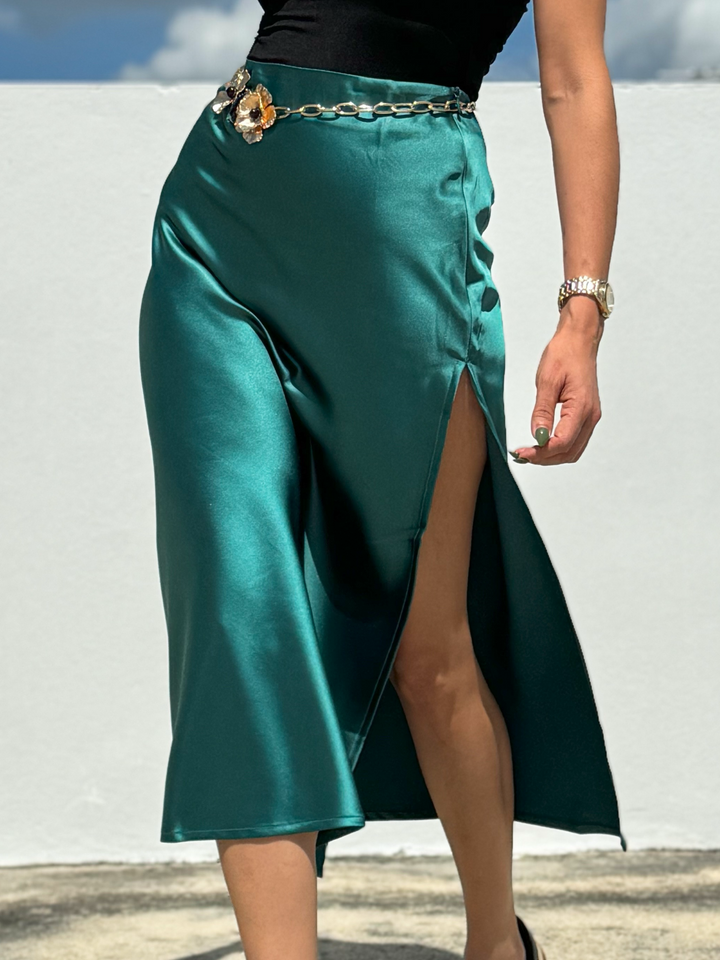 High Waisted Satin Forest Green Skirt