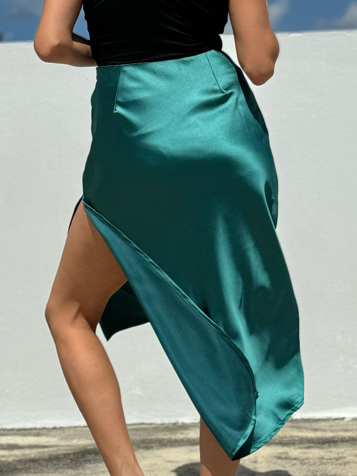 High Waisted Satin Forest Green Skirt