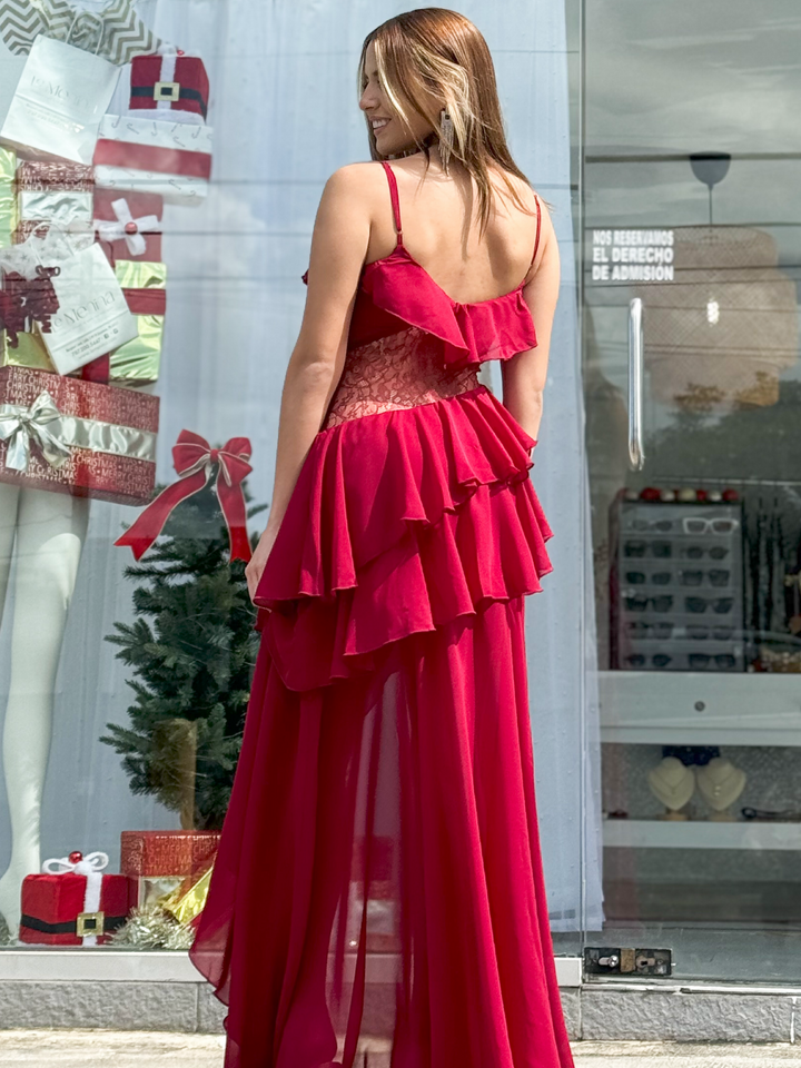 V Neck Red Maxi Dress