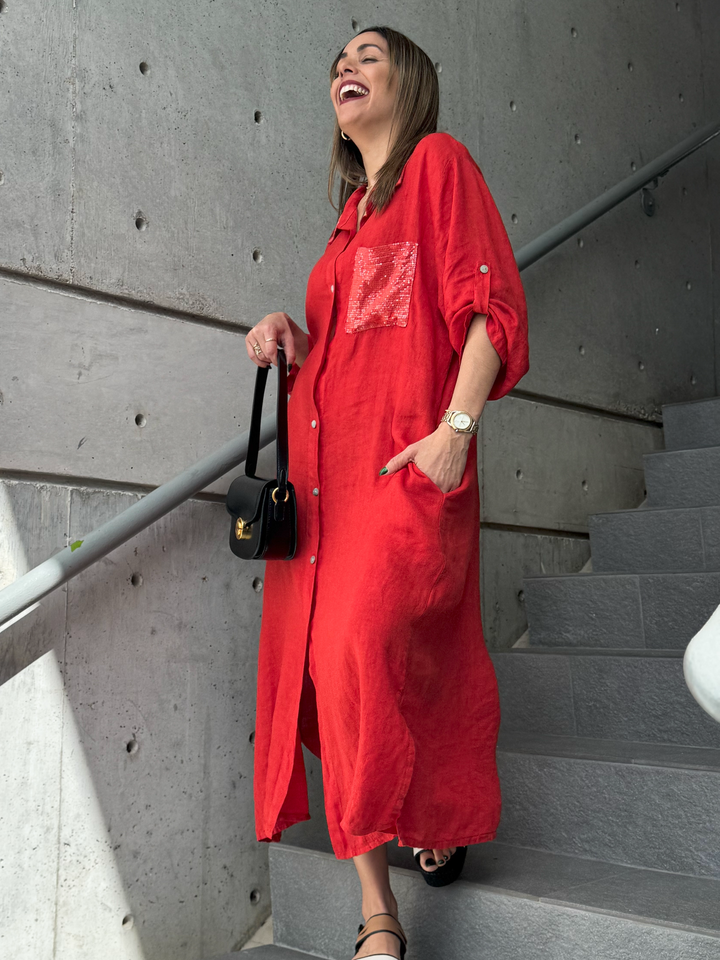 Made In Italy Red Linen Dress