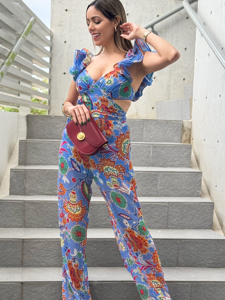 V Neck Flower Cutout Jumpsuit