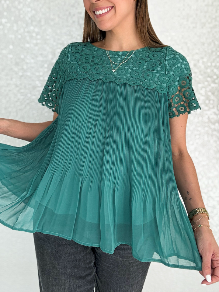 Short Sleeve Pleated Teal Lace Top