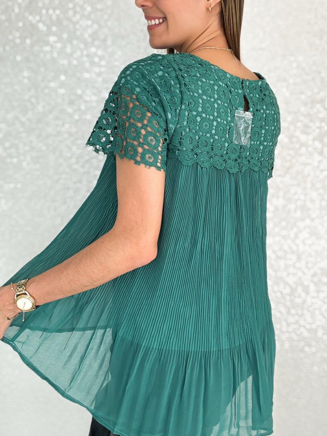 Short Sleeve Pleated Teal Lace Top