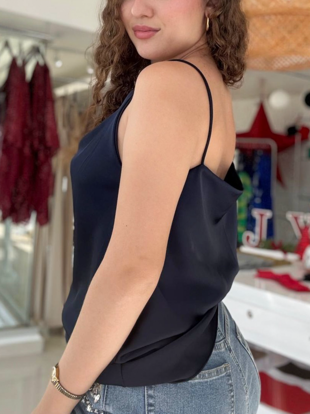 Cowl Neck Navy Satin Top