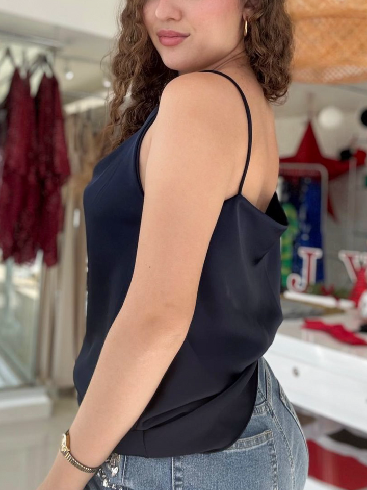 Cowl Neck Navy Satin Top