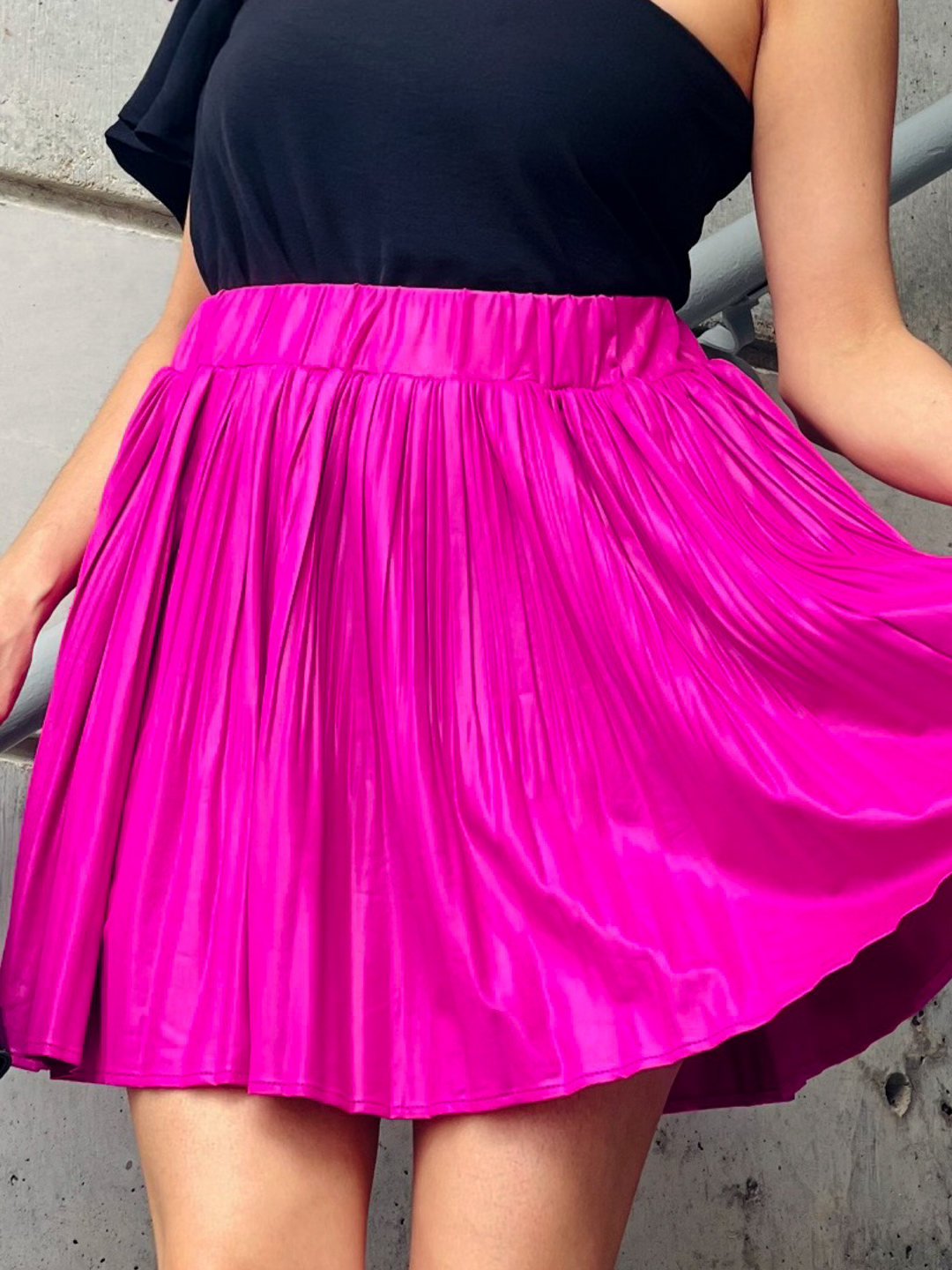 Pleated Magenta Leather Mini Skirt