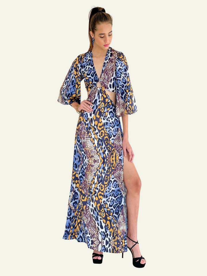 Animal Print Cut-Out Maxi Satin Dress