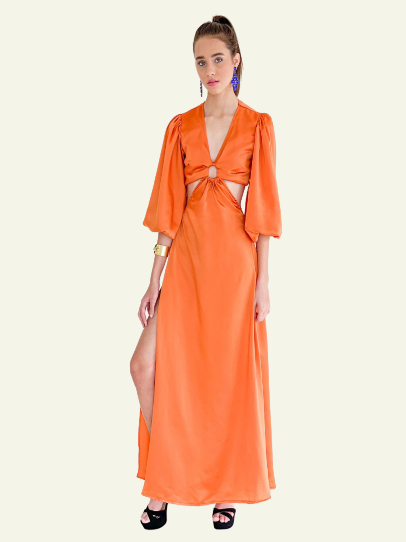 Orange Cut-Out Maxi Satin Dress