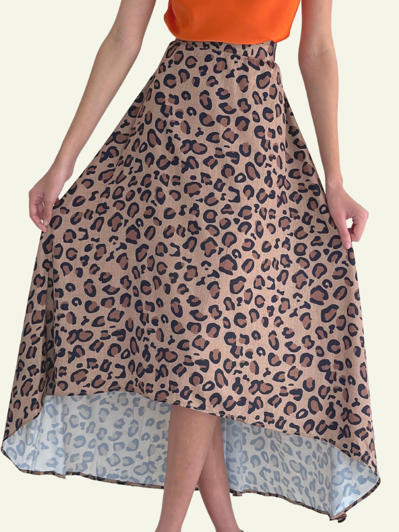 Leopard High-Low Satin Skirt