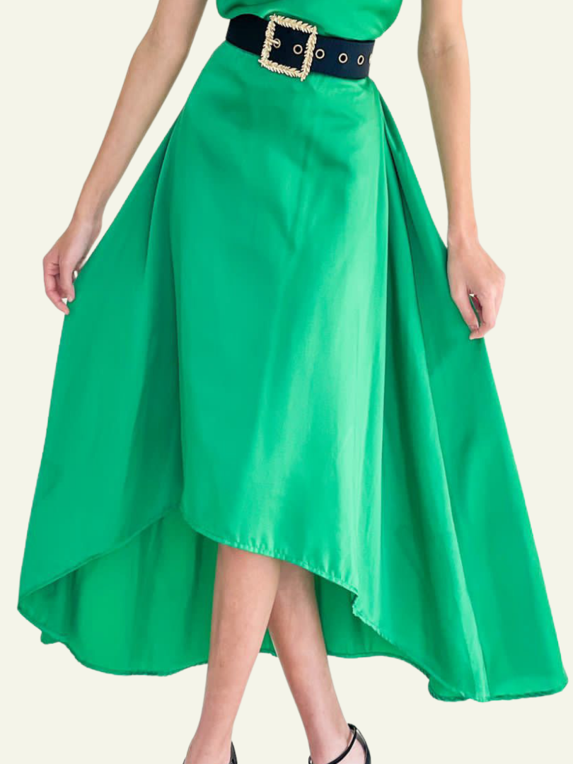 Green High-Low Satin Skirt