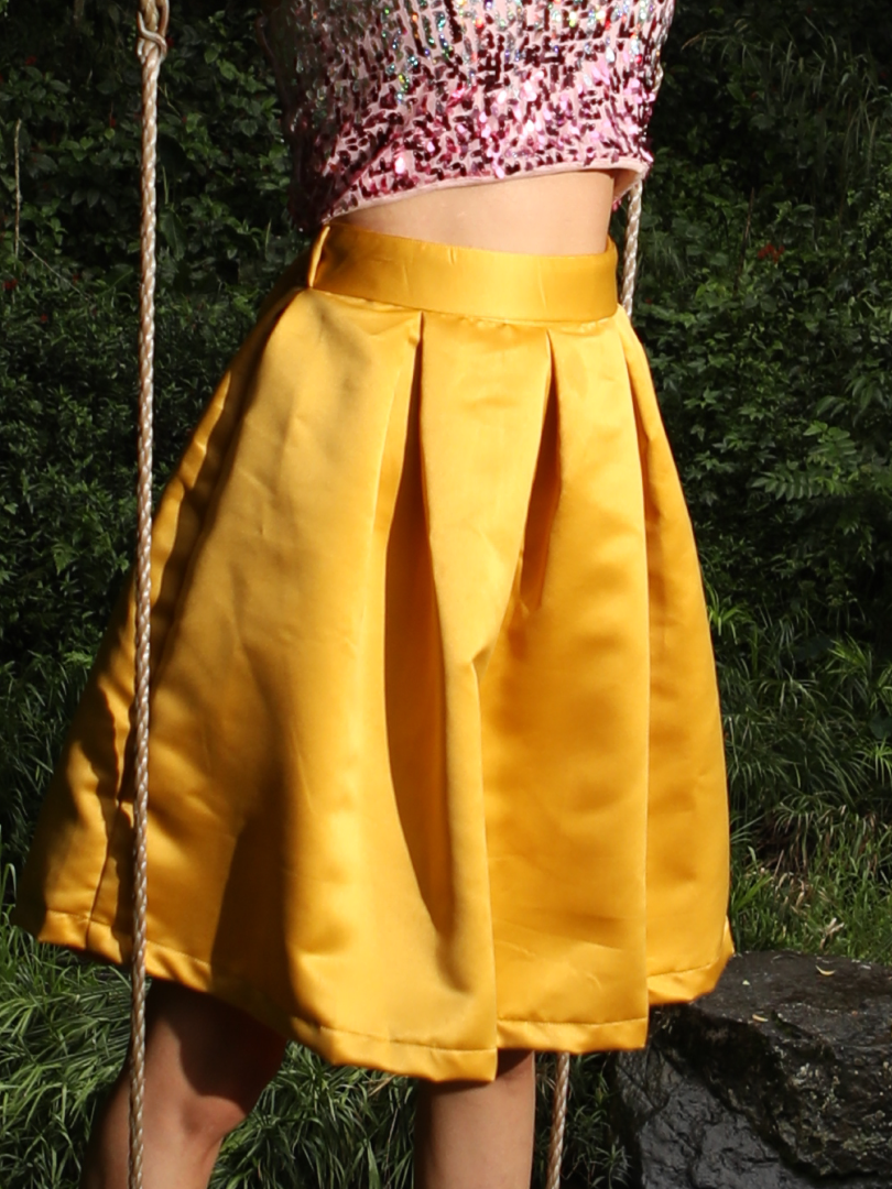 Gold Pleated “A” Line Satin Skirt